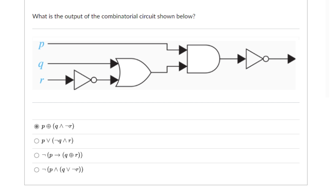 What is the output of the combinatorial circuit shown below?
р
9
pe (q^¬r)
Opv (-q ^r)
O¬(p→ (gr))
O¬ (p^ (qV¬r))
o