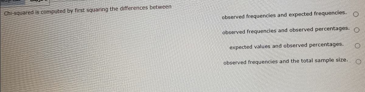 Chi-squared is computed by first squaring the differences between
observed frequencies and expected frequencies.
observed frequencies and observed percentages.
expected values and observed percentages.
observed frequencies and the total sample size.
