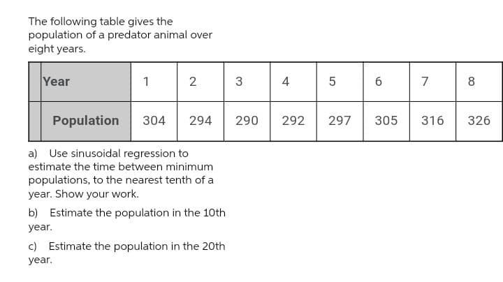 The following table gives the
population of a predator animal over
eight years.
Year
1
2
Population
304 294
a) Use sinusoidal regression to
estimate the time between minimum
populations, to the nearest tenth of a
year. Show your work.
b) Estimate the population in the 10th
year.
c) Estimate the population in the 20th
year.
3
4
290 292
5
297
6
305
7
316
8
326