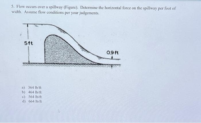 5. Flow occurs over a spillway (Figure). Determine the horizontal force on the spillway per foot of
width. Assume flow conditions per your judgements.
5ft
0.9 ft
a) 364 lb/ft
b) 464 lb/ft
c) 564 lb/ft
d) 664 lb/ft
A