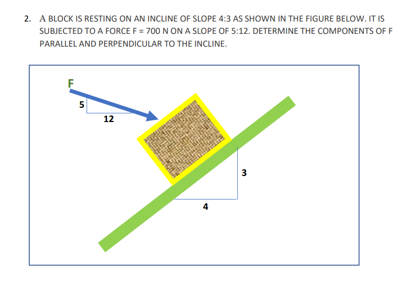 2. A BLOCK IS RESTING ON AN INCLINE OF SLOPE 4:3 AS SHOWN IN THE FIGURE BELOW. IT IS
SUBJECTED TO A FORCE F = 700 N ON A SLOPE OF 5:12. DETERMINE THE COMPONENTS OF F
PARALLEL AND PERPENDICULAR TO THE INCLINE.
F
12
3
5
4