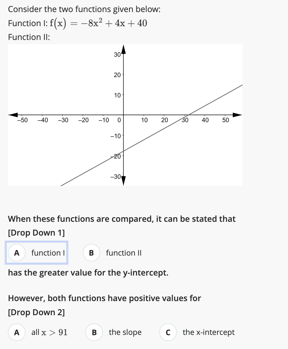 Consider the two functions given below:
Function 1: f(x) = −8x² + 4x + 40
Function II:
30
20
10
-50 -40 -30 -20 -10 0
B
-10
20
-30
10 20 30 40 50
When these functions are compared, it can be stated that
[Drop Down 1]
A function I
has the greater value for the y-intercept.
B function II
However, both functions have positive values for
[Drop Down 2]
A all x > 91
the slope
C
the x-intercept