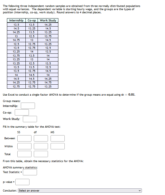 The following three independent random samples are obtained from three normally distributed populations
with equal variances. The dependent variable is starting hourly wage, and the groups are the types of
position (internship, co-op, work study). Round answers to 4 decimal places.
Internship
Co-op
Work Study
13.5
13.5
14.25
14.5
13.25
14.5
14.25
13.5
13.25
13
12.5
13.75
14.75
13
14.5
12.5
12.75
12.75
13.25
13.5
12.5
13.25
14
13.5
13.75
13.5
14
13.25
13
14
13.25
12.5
13.5
13.5
13.5
12.5
13.5
12.75
14.5
14
14.5
14
14.5
14.5
14.25
14.25
13.75
14.75
12.75
12.75
13.25
Use Excel to conduct a single-factor ANOVA to determine if the group means are equal using a = 0.01.
Group means:
Internship:
Со-ор:
Work Study:
Fill in the summary table for the ANOVA test:
df
MS
Between
Within
Total
From this table, obtain the necessary statistics for the ANOVA:
ANOVA summary statistics:
Test Statistic =
P-value =
Conclusion: Select an answer
