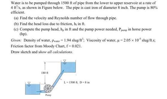 Water is to be pumped through 1500 ft of pipe from the lower to upper reservoir at a rate of
4 ft'/s, as shown in Figure below. The pipe is cast iron of diameter 8 inch. The pump is 80%
efficient.
(a) Find the velocity and Reynolds number of flow through pipe.
(b) Find the head loss due to friction, h in ft.
(c) Compute the pump head, h, in ft and the pump power needed, Ppump in horse power
(hp).
Given: Density of water, pwater = 1.94 slug/ft'; Viscosity of water, u = 2.05 x 10° slug/ft.s;
Friction factor from Moody Chart, f= 0.021.
Draw sketch and show all calculations.
180 ft
L-1500 ft, D-8 in
Pump
