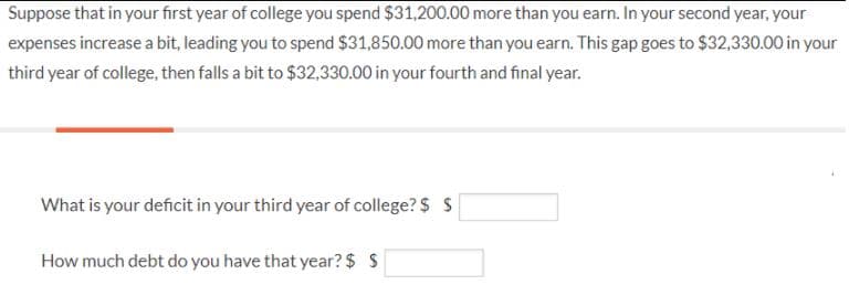 Suppose that in your first year of college you spend $31,200.00 more than you earn. In your second year, your
expenses increase a bit, leading you to spend $31,850.00 more than you earn. This gap goes to $32,330.00 in your
third year of college, then falls a bit to $32,330.00 in your fourth and final year.
What is your deficit in your third year of college? $ S
How much debt do you have that year? $ S
