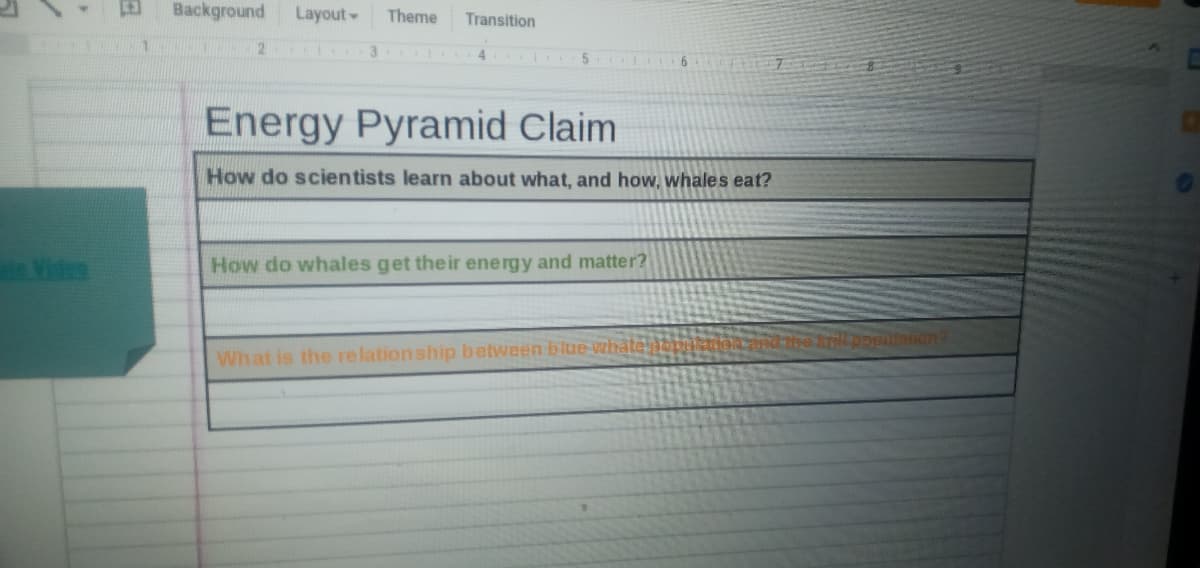 Background
Layout
Theme
Transition
2.
3 4
Energy Pyramid Claim
How do scientists learn about what, and how, whales eat?
Visten
How do whales get their energy and matter?
Tillpoplationm
What is the relationship between blue whate
