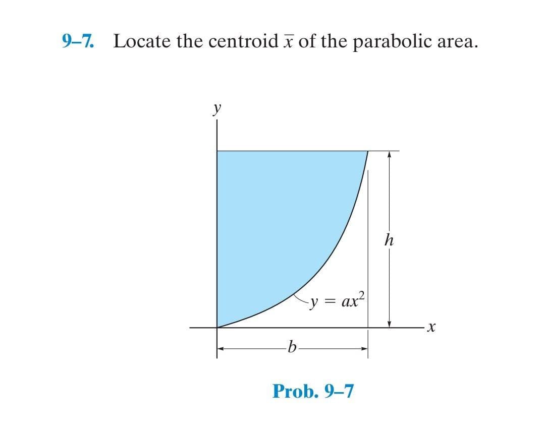 9-7.
Locate the centroid x of the parabolic
area.
y
-y = ax²
X-
b-
Prob. 9–7
