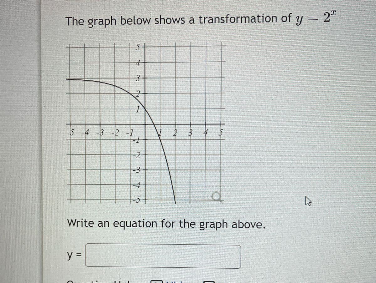 The graph below shows a transformation of y = 22
-5 -4 -3 -2 -1
5
4
3
y =
ON
2
1
-2
-3
-4
-5+
2 3
5
q
Write an equation for the graph above.
A