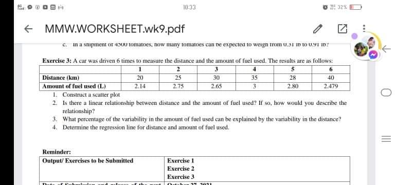 10:33
32%
+ MMW.WORKSHEET.wk9.pdf
c. in a snipment or 430U tomatoes, now many tomatoes can pe expected to weign trom u.31 ID to U.91 ID?
Exercise 3: A car was driven 6 times to measure the distance and the amount of fuel used. The results are as follows:
4
6.
Distance (km)
Amount of fuel used (L)
1. Construct a scatter plot
2. Is there a linear relationship between distance and the amount of fuel used? If so, how would you describe the
relationship?
3. What percentage of the variability in the amount of fuel used can be explained by the variability
4. Determine the regression line for distance and amount of fuel used,
20
25
30
35
28
40
2.14
2.75
2.65
3.
2,80
2.479
the distance?
Reminder:
Output/ Exercises to be Submitted
Exercise 1
Exercise 2
Exercise 3
