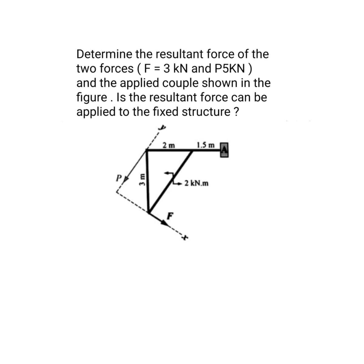 Determine the resultant force of the
two forces (F = 3 kN and P5KN )
and the applied couple shown in the
figure . Is the resultant force can be
applied to the fixed structure ?
2 m
1.5 m
P
2 kN.m
3 m
