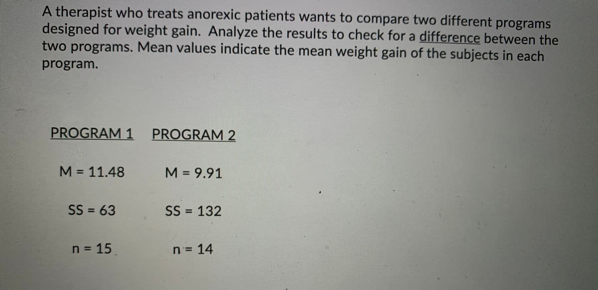A therapist who treats anorexic patients wants to compare two different programs
designed for weight gain. Analyze the results to check for a difference between the
two programs. Mean values indicate the mean weight gain of the subjects in each
program.
PROGRAM 1 PROGRAM 2
M = 11.48
M = 9.91
%3D
SS = 63
SS = 132
%3D
%3D
n = 15
n3D 14
%3D
