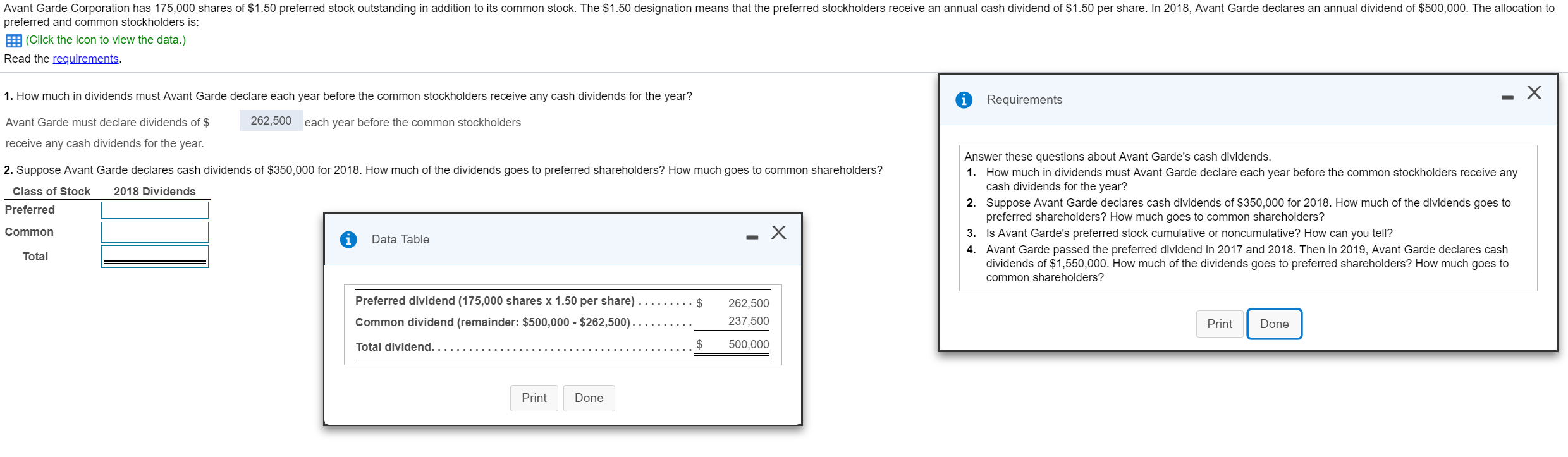 Avant Garde Corporation has 175,000 shares of $1.50 preferred stock outstanding in addition to its common stock. The $1.50 designation means that the preferred stockholders receive an annual cash dividend of $1.50 per share. In 2018, Avant Garde declares an annual dividend of $500,000. The allocation to
preferred and common stockholders is:
(Click the icon to view the data.)
Read the requirements
1. How much in dividends must Avant Garde declare each year before the common stockholders receive any cash dividends for the year?
Avant Garde must declare dividends of $
receive any cash dividends for the year
2. Suppose Avant Garde declares cash dividends of $350,000 for 2018. How much of the dividends goes to preferred shareholders? How much goes to common shareholders?
Requirements
262,500
each year before the common stockholders
Answer these questions about Avant Garde's cash dividends.
1.
2.
3.
How much in dividends must Avant Garde declare each year before the common stockholders receive any
cash dividends for the year?
Suppose Avant Garde declares cash dividends of $350,000 for 2018. How much of the dividends goes to
preferred shareholders? How much goes to common shareholders?
Is Avant Garde's preferred stock cumulative or noncumulative? How can you tell?
Avant Garde passed the preferred dividend in 2017 and 2018. Then in 2019, Avant Garde declares cash
dividends of $1,550,000. How much of the dividends goes to preferred shareholders? How much goes to
common shareholders?
Class of Stock
Preferred
Common
2018 Dividends
Data Table
4.
Total
Preferred dividend (175,000 shares x 1.50 per share)
. $262,500
237,500
S 500,000
Print
Done
PrintDone
