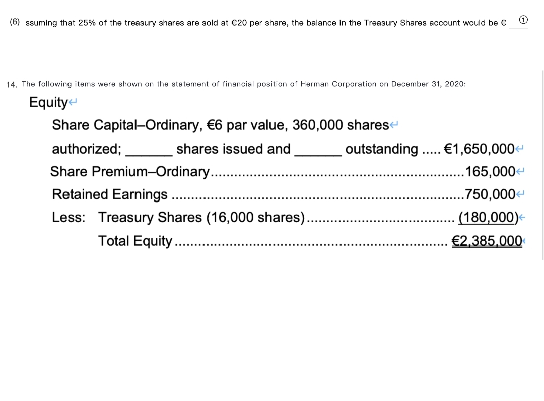(6) ssuming that 25% of the treasury shares are sold at €20 per share, the balance in the Treasury Shares account would be €
14. The following items were shown on the statement of financial position of Herman Corporation on December 31, 2020:
Equity
Share Capital-Ordinary, €6 par value, 360,000 shares
authorized;
shares issued and
Share Premium-Ordinary.........
Retained Earnings
Less: Treasury Shares (16,000 shares).
Total Equity.
outstanding €1,650,000
*****
.165,000<
.750,000<
(180,000)*
€2,385,000