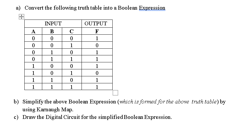 a) Convert the following truth table into a Boolean Expression
INPUT
OUTPUT
A
В
F
1
1
1
1
1
1
1
1
1
1
1
1
1
1
1
1
1
1
b) Simplify the above Boolean Expression (which is formed for the above truth table) by
using Karnaugh Map.
c) Draw the Digital Circuit for the simplified Boolean Expression.
