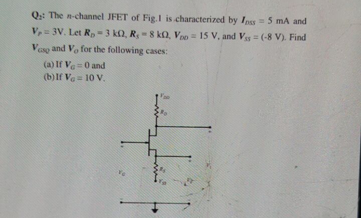 Q:: The n-channel JFET of Fig.I is characterized by Ipss =5 mA and
%3D
Vp= 3V. Let R, 3 kQ, R, 8 kQ, Vpp = 15 V, and Vss (-8 V). Find
%3D
%3D
%3D
Veso and Vo for the following cases:
(a) If Ve 0 and
(b) If Va = 10 V.
Ro
