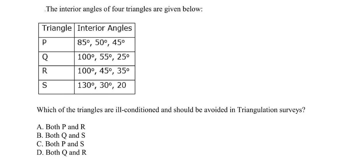 The interior angles of four triangles are given below:
Triangle Interior Angles
85⁰, 50⁰, 45⁰
100°, 55°, 25⁰
100°, 45°, 35⁰
130°, 30°, 20
P
Q
R
S
Which of the triangles are ill-conditioned and should be avoided in Triangulation surveys?
A. Both P and R
B. Both Q and S
C. Both P and S
D. Both Q and R
