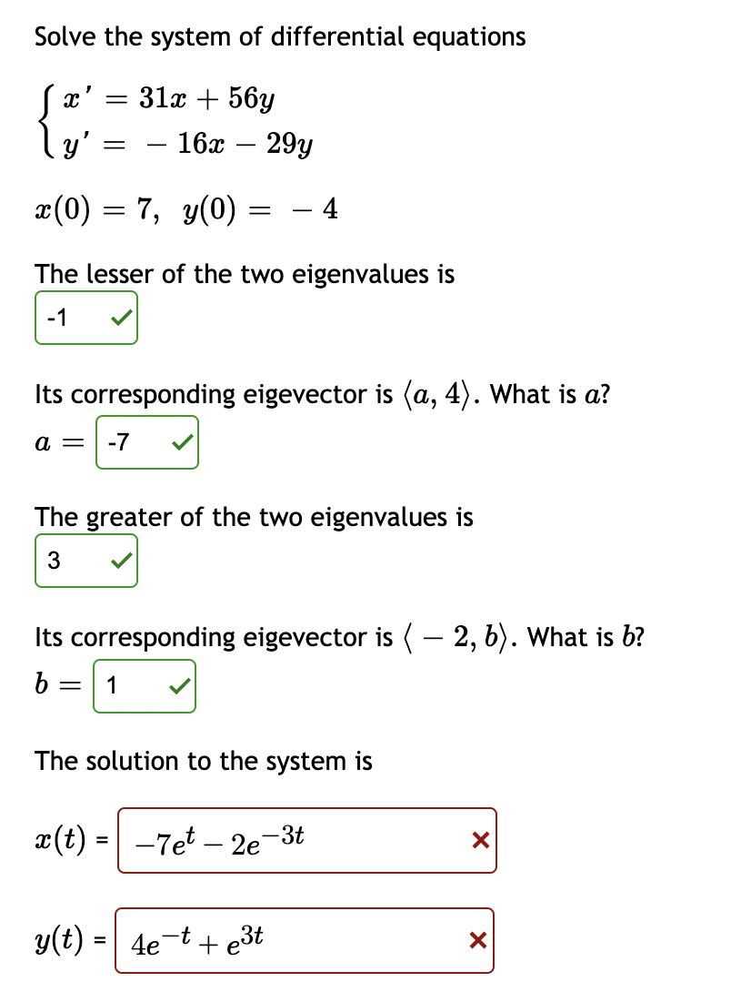 Solve the system of differential equations
Sx' = 31x + 56y
16x
29y
-
x(0) = 7, y(0)
- 4
The lesser of the two eigenvalues is
-1
Its corresponding eigevector is (a, 4). What is a?
a =
-7
The greater of the two eigenvalues is
3
Its corresponding eigevector is ( – 2, b). What is b?
b =
1
The solution to the system is
x(t) = -7et – 2e-3t
y(t) =| 4et+ e3t
