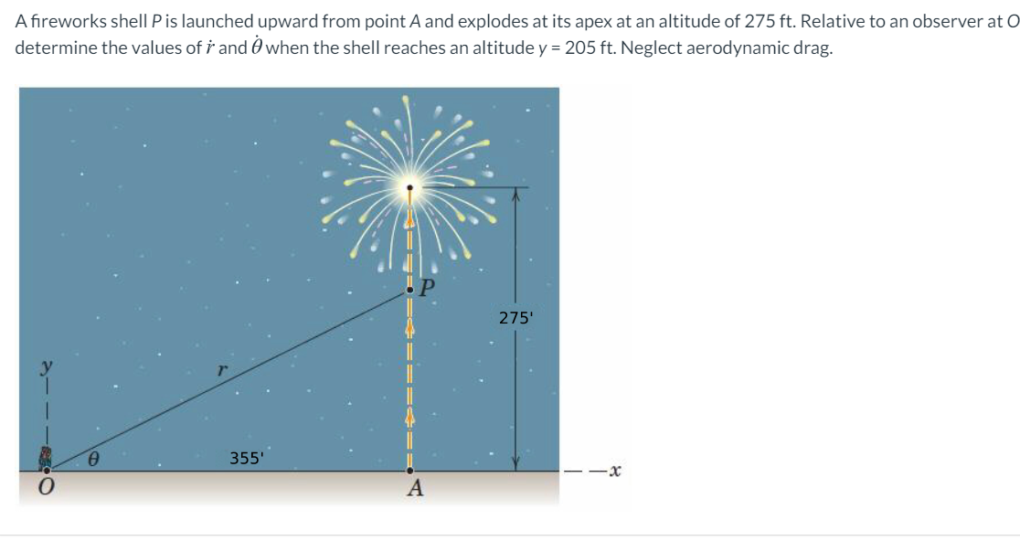 A fireworks shell P is launched upward from point A and explodes at its apex at an altitude of 275 ft. Relative to an observer at O
determine the values of i and O when the shell reaches an altitude y = 205 ft. Neglect aerodynamic drag.
275'
355'
