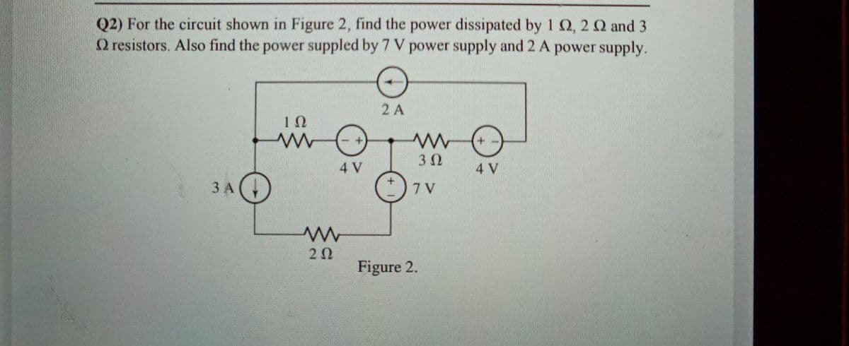 Q2) For the circuit shown in Figure 2, find the power dissipated by 1 Q, 2 Q and 3
O resistors. Also find the power suppled by 7 V power supply and 2 A power supply.
2 A
4 V
4 V
3 A
7 V
20
Figure 2.
