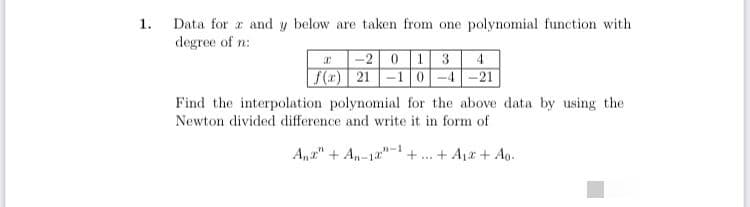 Data for a and y below are taken from one polynomial function with
degree of n:
1.
-2 01 3
f(x) 21 -10
Find the interpolation polynomial for the above data by using the
4
-4
-21
Newton divided difference and write it in form of
A,z" + An-1a"
n-1
+ A1r + Ao.
