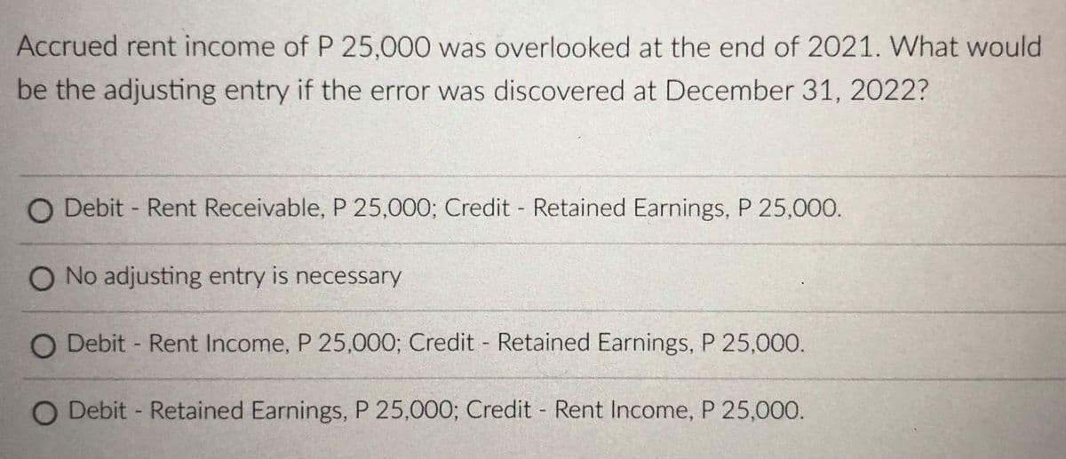 Accrued rent income of P 25,000 was overlooked at the end of 2021. What would
be the adjusting entry if the error was discovered at December 31, 2022?
O Debit - Rent Receivable, P 25,000; Credit - Retained Earnings, P 25,000.
O No adjusting entry is necessary
O Debit - Rent Income, P 25,000; Credit Retained Earnings, P 25,000.
O Debit - Retained Earnings, P 25,000; Credit - Rent Income, P 25,000.
