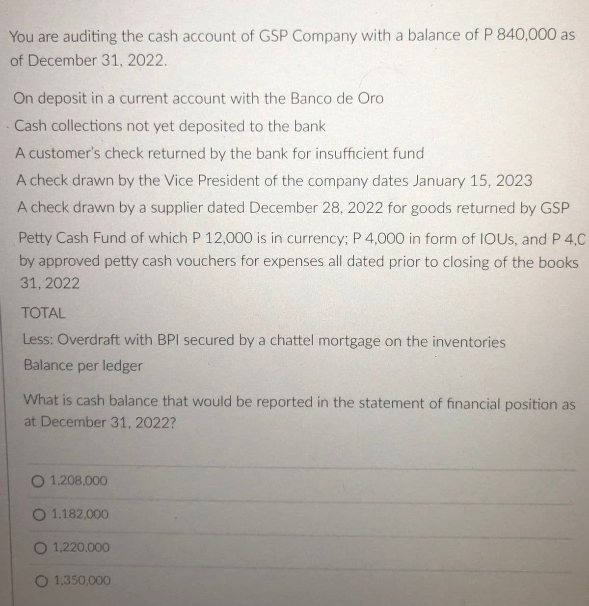 You are auditing the cash account of GSP Company with a balance of P 840,000 as
of December 31, 2022.
On deposit in a current account with the Banco de Oro
Cash collections not yet deposited to the bank
A customer's check returned by the bank for insufficient fund
A check drawn by the Vice President of the company dates January 15, 2023
A check drawn by a supplier dated December 28, 2022 for goods returned by GSP
Petty Cash Fund of which P 12,000 is in currency; P 4,000 in form of IOUS, and P 4,0
by approved petty cash vouchers for expenses all dated prior to closing of the books
31, 2022
TOTAL
Less: Overdraft with BPI secured by a chattel mortgage on the inventories
Balance per ledger
What is cash balance that would be reported in the statement of financial position as
at December 31, 2022?
O 1,208,000
O 1,182,000
O 1,220,000
O 1,350,000
