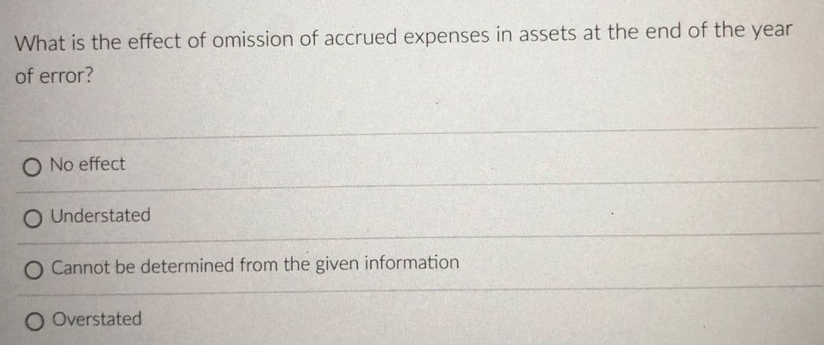 What is the effect of omission of accrued expenses in assets at the end of the year
of error?
O No effect
O Understated
O Cannot be determined from the given information
O Overstated
