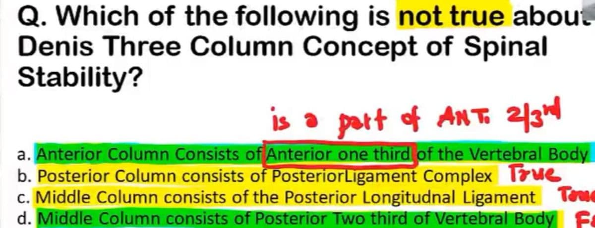 Q. Which of the following is not true about
Denis Three Column Concept of Spinal
Stability?
is a part of ANT. 2/3rd
a. Anterior Column Consists of Anterior one third of the Vertebral Body
b. Posterior Column consists of PosteriorLigament Complex True
c. Middle Column consists of the Posterior Longitudnal Ligament Tou
d. Middle Column consists of Posterior Two third of Vertebral Body S