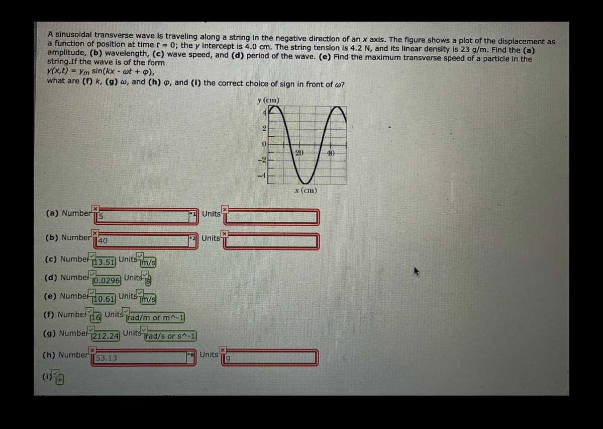 A sinusoidal transverse wave is traveling along a string in the negative direction of an x axis. The figure shows a plot of the displacement as
a function of position at time t = 0; the y intercept is 4.0 cm. The string tension is 4.2 N, and its linear density is 23 g/m. Find the (a)
amplitude, (b) wavelength, (c) wave speed, and (d) period of the wave. (e) Find the maximum transverse speed of a particle in the
string.If the wave is of the form
y(x,t) = Ym sin(kx - wt + p),
what are (f) k, (g) w, and (h) p, and (i) the correct choice of sign in front of w?
(ст)
40
-2
x (cm)
(a) Number
[5
Units
(b) Number
40
Units
(c) Numbel3 51 Units
m/s
(d) Numbel
T0.0296
Units
(e) Numbel
10.61 Units
m/s
(f) Numbel
716
Units
Trad/m or m^^-1
(g) Numbel
T212.24
Units Trad/s or s^-1
(h) Number
53.13
Units
