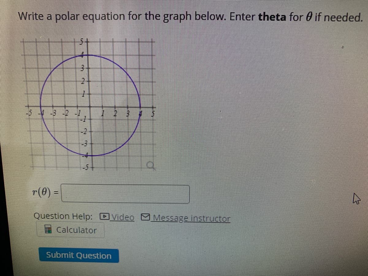 Write a polar equation for the graph below. Enter theta for 0 if needed.
3.
-54-3-2 I
-2
-5
r(0) =
%3D
Question Help: Video CM Message instructor
Calculator
Submit Question
