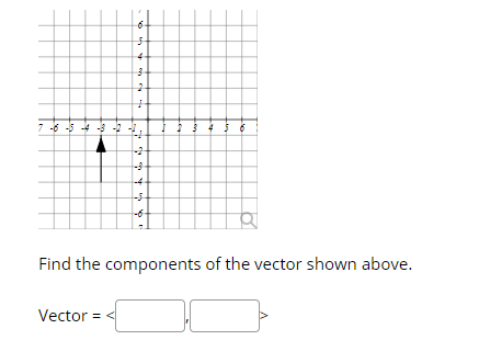 6-
7 -6 -5 -4 -3 - -
-3
-4
-6
Find the components of the vector shown above.
Vector = <
