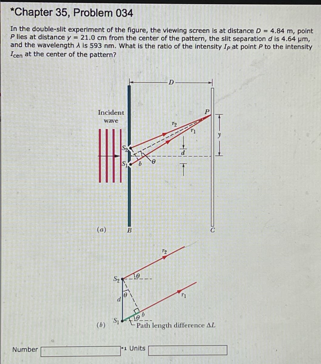 *Chapter 35, Problem 034
In the double-slit experiment of the figure, the viewing screen is at distance D = 4.84 m, point
P lies at distance y = 21.0 cm from the center of the pattern, the slit separation d is 4.64 µm,
and the wavelength A is 593 nm. What is the ratio of the intensity Ip at point P to the intensity
Icen at the center of the pattern?
Incident
wave
T2
(a)
S2
(b)
Path length difference AL
Number
-1 Units
