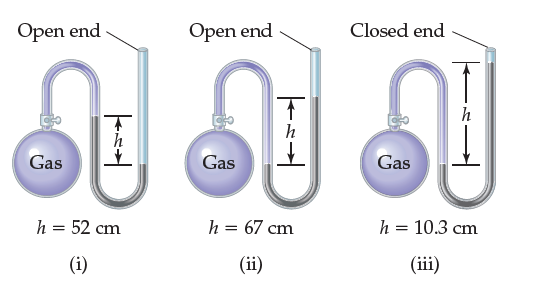 Open end
Open end
Closed end
Gas
Gas
Gas
h = 52 cm
h = 67 cm
h = 10.3 cm
(i)
(ii)
(iii)
