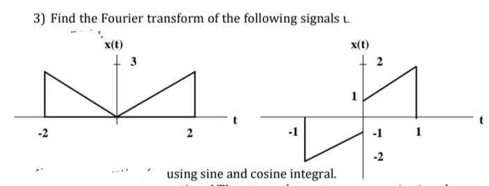 3) Find the Fourier transform of the following signals u.
x(t)
x(t)
1
-2
2
-1
1
-2
using sine and cosine integral.
