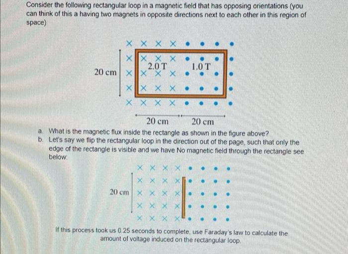 Consider the following rectangular loop in a magnetic field that has opposing orientations (you
can think of this a having two magnets in opposite directions next to each other in this region of
space)
X x x x •
XX X_X
2.0 T
20 cm xX X X
1.0T
XX X X
X X x X
20 cm
20 cm
a. What is the magnetic flux inside the rectangle as shown in the figure above?
b. Let's say we flip the rectangular loop in the direction out of the page, such that only the
edge of the rectangle is visible and we have No magnetic field through the rectangle see
below:
x x x x
x x x
20 cm x x x x
x x x x
x x
If this process took us 0.25 seconds to complete, use Faraday's law to calculate the
amount of voltage induced on the rectangular loop.
