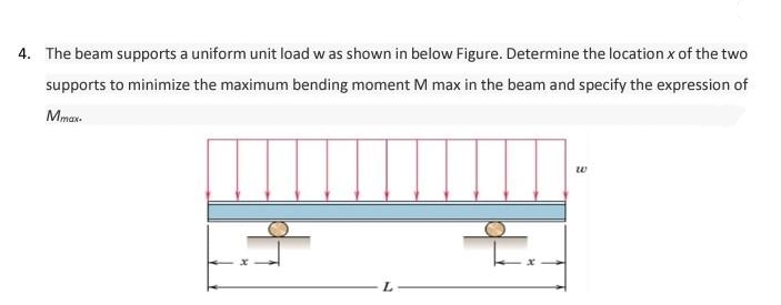 4. The beam supports a uniform unit load w as shown in below Figure. Determine the location x of the two
supports to minimize the maximum bending moment M max in the beam and specify the expression of
Mmax.
