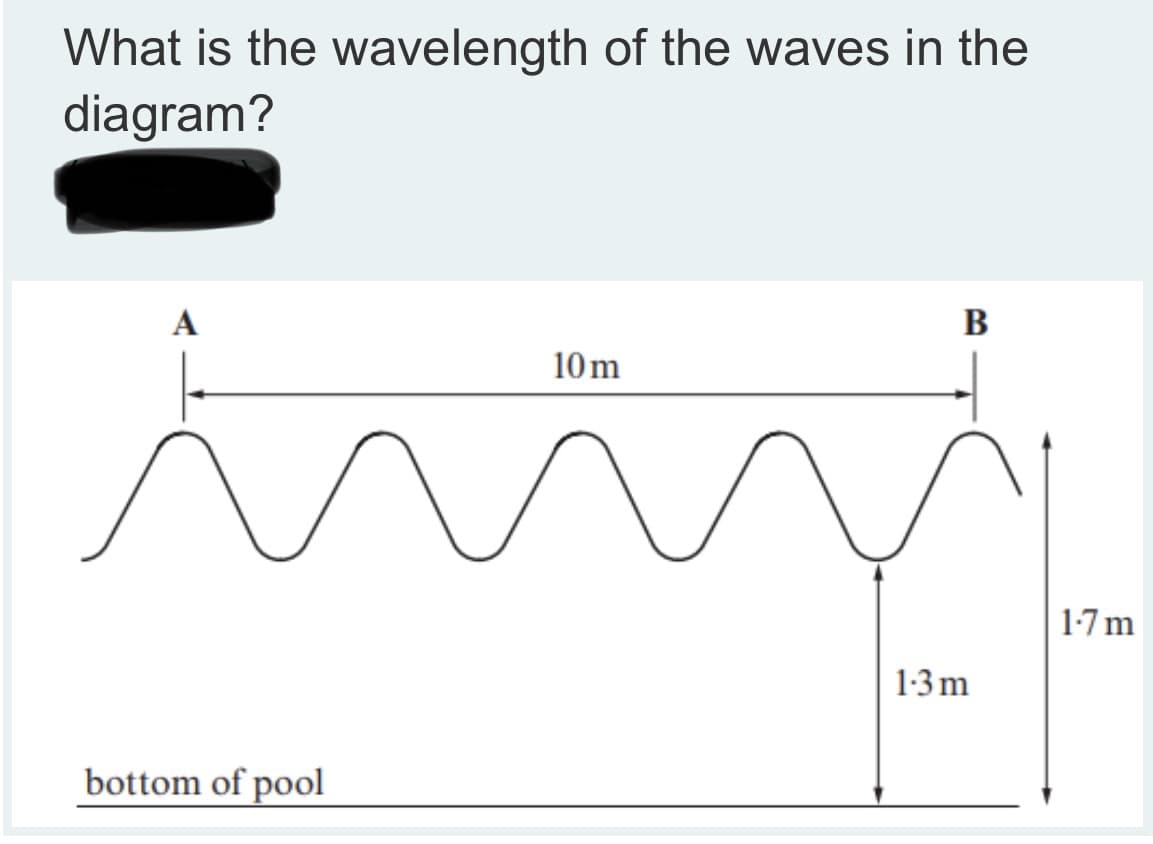 What is the wavelength of the waves in the
diagram?
А
B
10m
1-7 m
1:3m
bottom of pool
