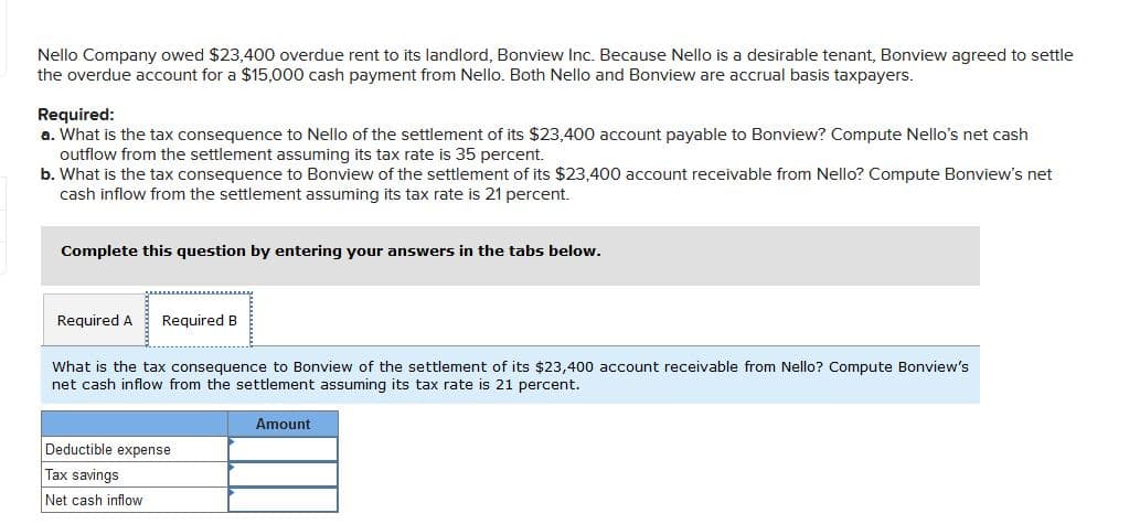 Nello Company owed $23,400 overdue rent to its landlord, Bonview Inc. Because Nello is a desirable tenant, Bonview agreed to settle
the overdue account for a $15,000 cash payment from Nello. Both Nello and Bonview are accrual basis taxpayers.
Required:
a. What is the tax consequence to Nello of the settlement of its $23,400 account payable to Bonview? Compute Nello's net cash
outflow from the settlement assuming its tax rate is 35 percent.
b. What is the tax consequence to Bonview of the settlement of its $23,400 account receivable from Nello? Compute Bonview's net
cash inflow from the settlement assuming its tax rate is 21 percent.
Complete this question by entering your answers in the tabs below.
Required A
Required B
What is the tax consequence to Bonview of the settlement of its $23,400 account receivable from Nello? Compute Bonview's
net cash inflow from the settlement assuming its tax rate is 21 percent.
Amount
Deductible expense
Tax savings
Net cash inflow
