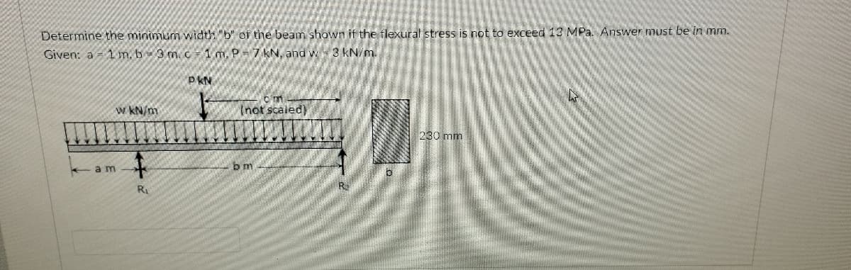 Determine the minimum width "b" of the beam shown if the flexural stress is not to exceed 13 MPa. Answer must be in mm.
Given: a 1 m, b 3 m. - 1 m, P7 kN, and w 3 kN/m.
P KN
w kN/m
(not scaled)
230 mm
bm
am
