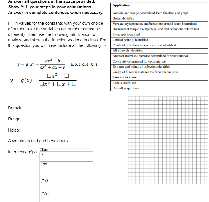 Answer all questions in the space provided.
Show ALL your steps in your calculations.
Answer in complete sentences when necessary.
Application:
Fill in values for the constants with your own choice
of numbers for the variables (all numbers must be
different). Then use the following information to
analyze and sketch the function as done in class. For Critical point(s) identified
this question you will have include all the following: Points of inflection, cusps or comers identified
Domain and Range determined from function and graph
Holes identified
Vertical asymptote(s), and behaviour around it are determined
Horizontal/Oblique asymptote(s) and end behaviour determined
Intercepts identified
All intervals identified
Areas of Increase/Decrease determincd for cach interval
Concavity determined for each interval
ax² – b
y = g(x) =
a, b, c, d, e e I
cx2 + dx + e
Extrema and points of inflection identified
Ox? – O
Graph of function matches the function analysis
Communication:
|
y = g(x) =
Ox² + Ox + O
Labels, scale, etc
Overall graph shape
Domain:
Range:
Holes:
Asymptotes and end behaviours:
Chart
Intercepts: f'(x)
f(x)
S(x)
S"(x)
