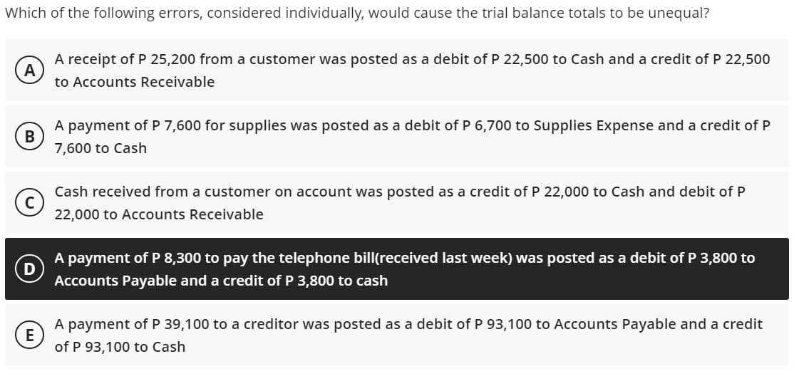 Which of the following errors, considered individually, would cause the trial balance totals to be unequal?
A receipt of P 25,200 from a customer was posted as a debit of P 22,500 to Cash and a credit of P 22,500
to Accounts Receivable
A payment of P 7,600 for supplies was posted as a debit of P 6,700 to Supplies Expense and a credit of P
7,600 to Cash
Cash received from a customer on account was posted as a credit of P 22,000 to Cash and debit of P
22,000 to Accounts Receivable
A payment of P 8,300 to pay the telephone bill(received last week) was posted as a debit of P 3,800 to
Accounts Payable and a credit of P 3,800 to cash
A payment of P 39,100 to a creditor was posted as a debit of P 93,100 to Accounts Payable and a credit
of P 93,100 to Cash
