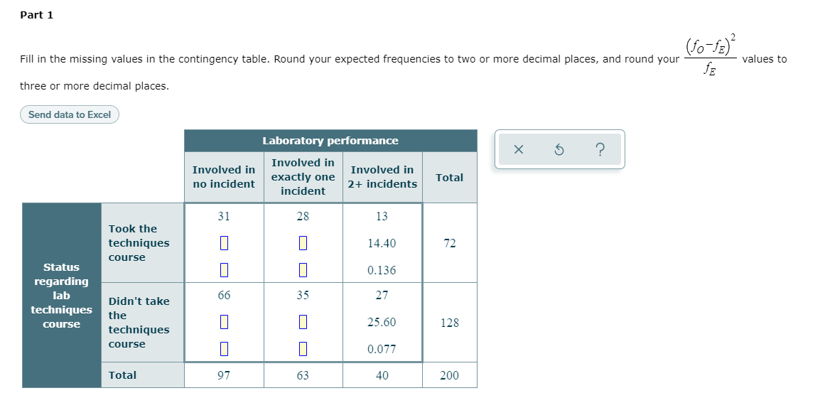 Part 1
Fill in the missing values in the contingency table. Round your expected frequencies to two or more decimal places, and round your
values to
fE
three or more decimal places.
Send data to Excel
Laboratory performance
?
Involved in
Involved in
Involved in
exactly one
Total
no incident
2+ incidents
incident
31
28
13
Took the
techniques
14.40
72
course
Status
0.136
regarding
lab
66
35
27
Didn't take
techniques
the
course
25.60
128
techniques
course
0.077
Total
97
63
40
200
