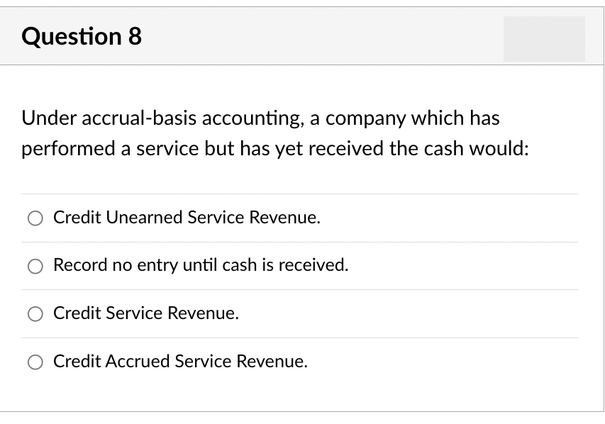 Question 8
Under accrual-basis accounting, a company which has
performed a service but has yet received the cash would:
Credit Unearned Service Revenue.
Record no entry until cash is received.
Credit Service Revenue.
Credit Accrued Service Revenue.