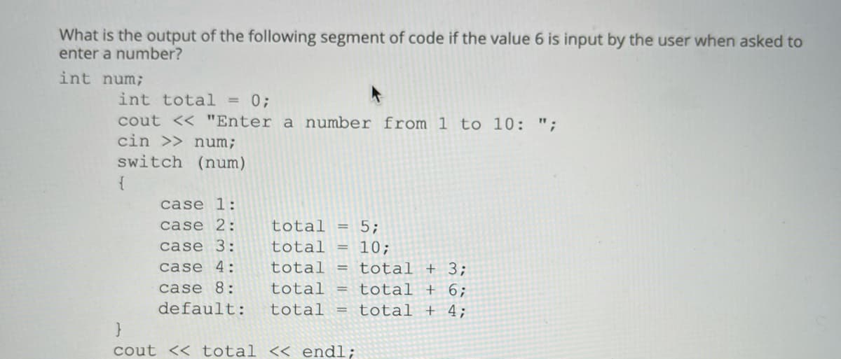 What is the output of the following segment of code if the value 6 is input by the user when asked to
enter a number?
int num;
int total = 0;
cout << "Enter a number from 1 to 10: ";
cin >> num;
switch (num)
case 1:
case 2:
total =
5;
total = 10;
case 3:
case 4:
total
total + 3;
case 8:
total
total + 6;
default:
total
total + 4;
cout << total << endl;
