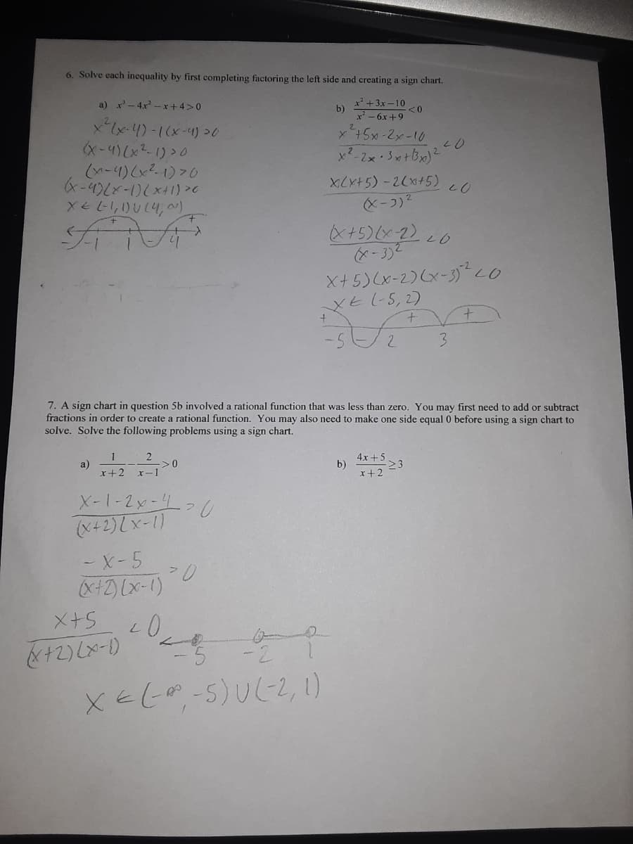 6. Solve each inequality by first completing factoring the left side and creating a sign chart.
x' +3x - 10
b)
x²-6x +9
a) x'-4x-x+4>0
x+5x-2x-10
(x-4)(x21)>0
(ハ-4)(x21070
XCx+5) -2(x+5) c0
(x+5)(x 2) c0
(*- 3)2
X+5)(x-2)6x-ガーc0
XEL-5,2)
3.
7. A sign chart in question 5b involved a rational function that was less than zero. You may first need to add or subtract
fractions in order to create a rational function. You may also need to make one side equal 0 before using a sign chart to
solve. Solve the following problems using a sign chart.
2
a)
x+2
4x+5
b)
r+2
X-1-2x-470
(x+2)(x-1)
-X-5
(x+2) (x-1)
&+2) (x-D
XELR-5)U(-2, 1)
