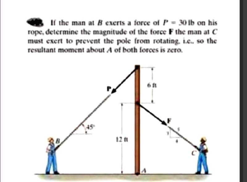 If the man at B exerts a force of P 30 lb on his
rope, determine the magnitude of the force F the man at C
must exert to prevent the pole from rotating, i.c.., so the
resultant moment about A of both forces is zero.
6 t
12 t
