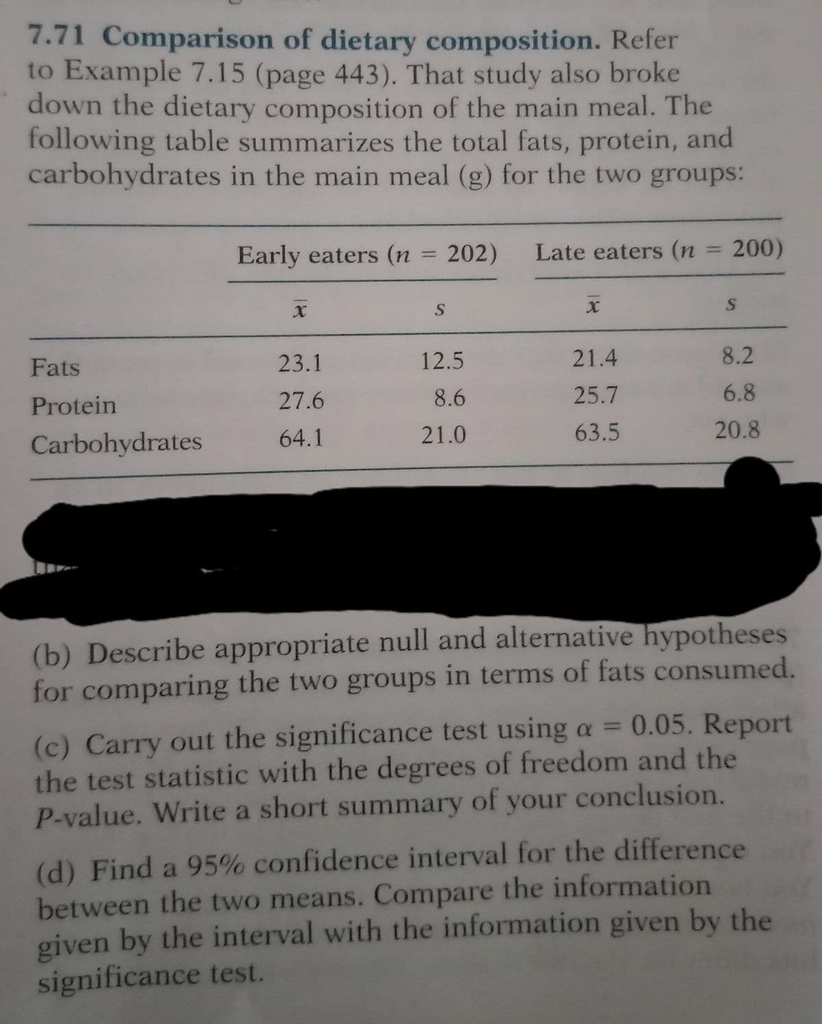 7.71 Comparison of dietary composition. Refer
to Example 7.15 (page 443). That study also broke
down the dietary composition of the main meal. The
following table summarizes the total fats, protein, and
carbohydrates in the main meal (g) for the two groups:
Fats
Protein
Carbohydrates
Early eaters (n = 202) Late eaters (n = 200)
x
23.1
27.6
64.1
S
12.5
8.6
21.0
x
21.4
25.7
63.5
S
8.2
6.8
20.8
(b) Describe appropriate null and alternative hypotheses
for comparing the two groups in terms of fats consumed.
(c) Carry out the significance test using a = 0.05. Report
the test statistic with the degrees of freedom and the
P-value. Write a short summary of your conclusion.
(d) Find a 95% confidence interval for the difference
between the two means. Compare the information
given by the interval with the information given by the
significance test.