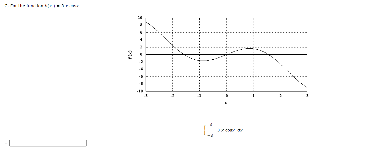 C. For the function h(x ) = 3 x cosx
10
8
6
4
2
-2
-4
-6
-8
-10
-3
-2
-1
1
3
3 x cosx dx
(x)!
