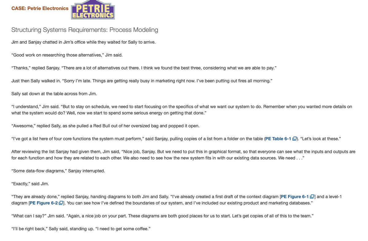 CASE: Petrie Electronics PETRIE
ELECTRONICS
Structuring Systems Requirements: Process Modeling
Jim and Sanjay chatted in Jim's office while they waited for Sally to arrive.
"Good work on researching those alternatives," Jim said.
"Thanks," replied Sanjay. "There are a lot of alternatives out there. I think we found the best three, considering what we are able to pay."
Just then Sally walked in. "Sorry I'm late. Things are getting really busy in marketing right now. I've been putting out fires all morning."
Sally sat down at the table across from Jim.
"I understand," Jim said. "But to stay on schedule, we need to start focusing on the specifics of what we want our system to do. Remember when you wanted more details on
what the system would do? Well, now we start to spend some serious energy on getting that done."
"Awesome," replied Sally, as she pulled a Red Bull out of her oversized bag and popped it open.
"I've got a list here of four core functions the system must perform," said Sanjay, pulling copies of a list from a folder on the table (PE Table 6-1 D). "Let's look at these."
After reviewing the list Sanjay had given them, Jim said, “Nice job, Sanjay. But we need to put this in graphical format, so that everyone can see what the inputs and outputs are
for each function and how they are related to each other. We also need to see how the new system fits in with our existing data sources. We need..."
"Some data-flow diagrams," Sanjay interrupted.
"Exactly," said Jim.
"They are already done," replied Sanjay, handing diagrams to both Jim and Sally. "I've already created a first draft of the context diagram [PE Figure 6-1 O) and a level-1
diagram [PE Figure 6-2 D). You can see how l've defined the boundaries of our system, and I've included our existing product and marketing databases."
"What can I say?" Jim said. “Again, a nice job on your part. These diagrams are both good places for us to start. Let's get copies of all of this to the team."
"P'Il be right back," Sally said, standing up. "I need
get some coffee."
