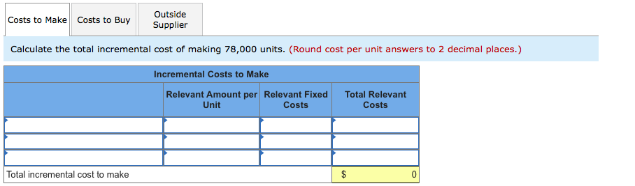 Costs to Make Costs to Buy
Outside
Supplier
Calculate the total incremental cost of making 78,000 units. (Round cost per unit answers to 2 decimal places.)
Incremental Costs to Make
Relevant Amount per Relevant Fixed
Total Relevant
Unit
Costs
Costs
Total incremental cost to make

